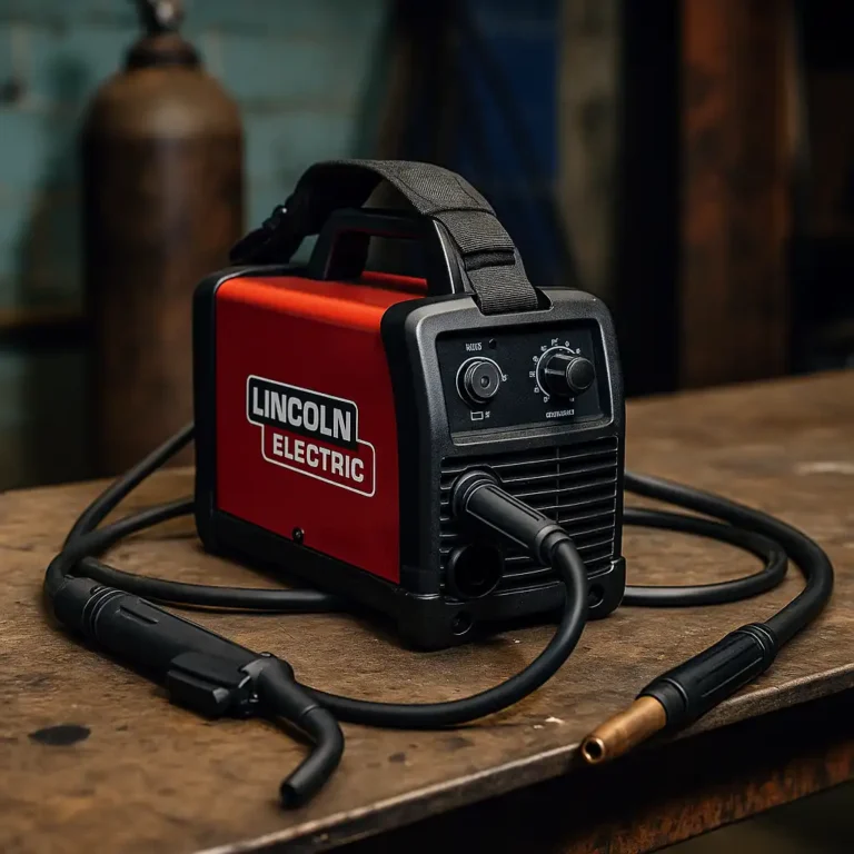 A Lincoln Electric 90i flux core welder resting on a workbench, featuring a compact red metal case, front-facing control knobs, and attached cables, with a shoulder strap looped over the handle in a dimly lit workshop.