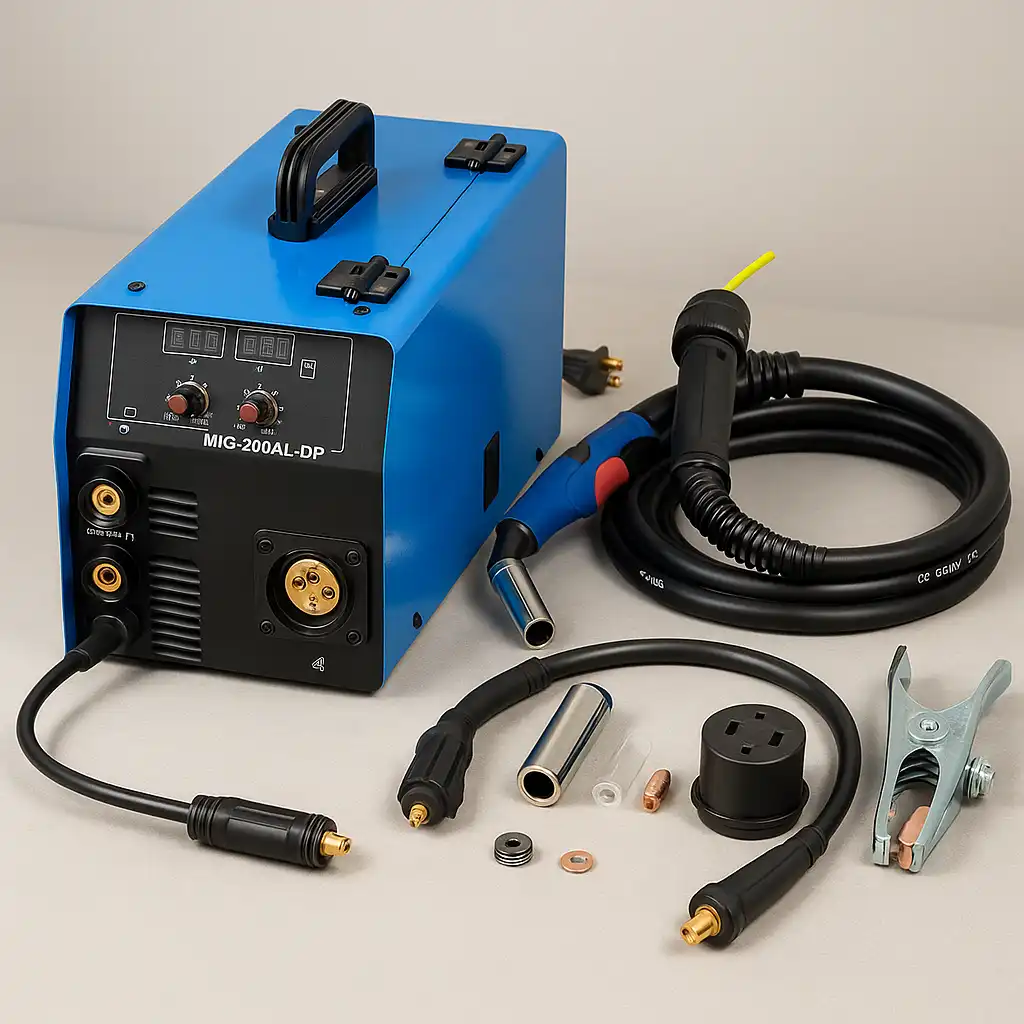 A photograph displays an S7 MIG-200AL-DP blue MIG welder with its accessories neatly arranged, including a MIG torch, cables, ground clamp, and connectors, on a neutral gray surface.