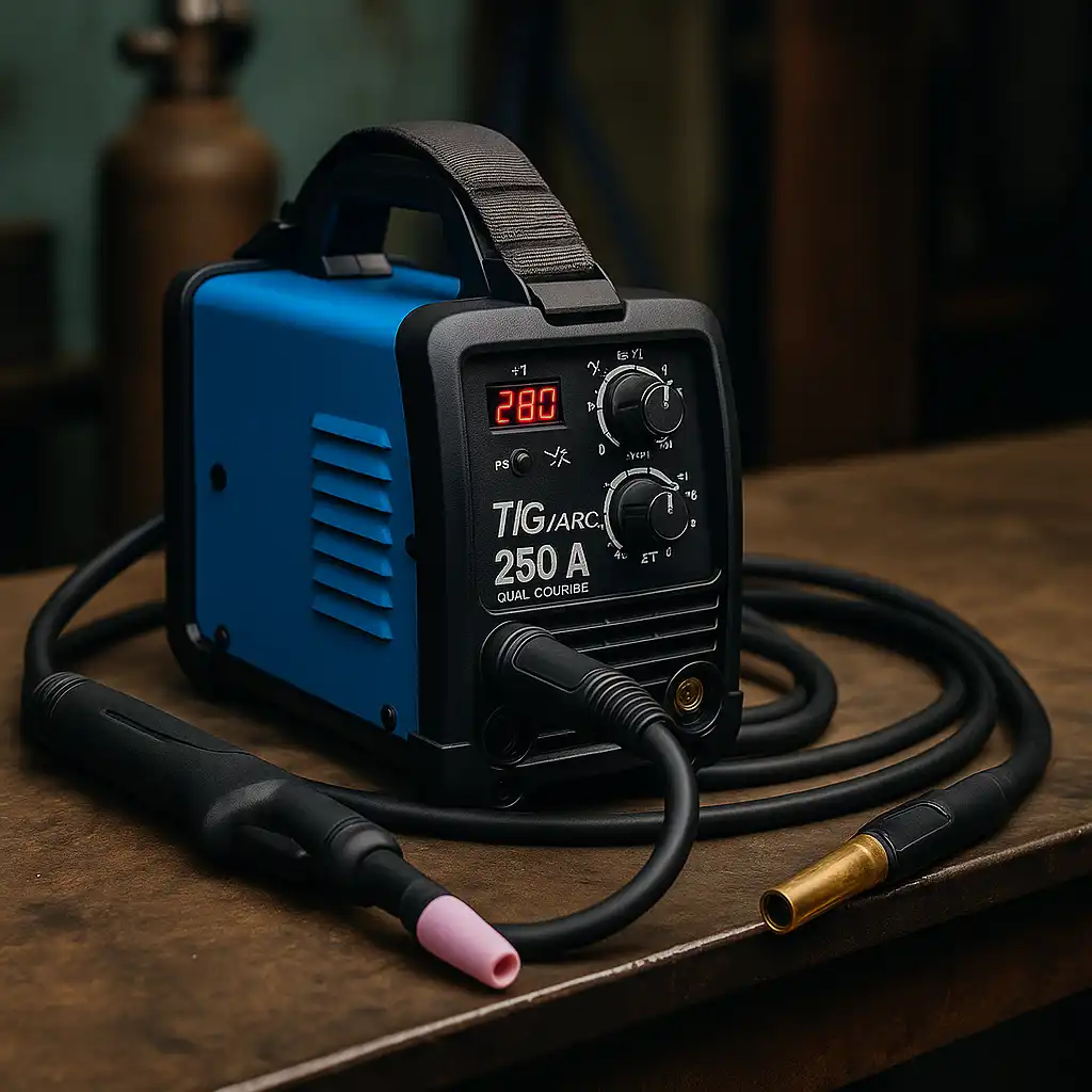 A 250-amp S7 TIG/ARC dual voltage welder with digital display and torch cables sits on a scratched metal workbench in a dimly lit workshop.