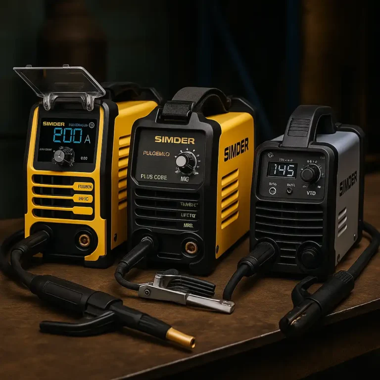 A photograph showcases three portable Simder welding machines arranged on a metal workbench, with visible control panels and attached cables in a workshop setting.