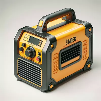 Bright yellow SIMDER inverter welder with digital display and modern design, illustrating an article on tech reviews.