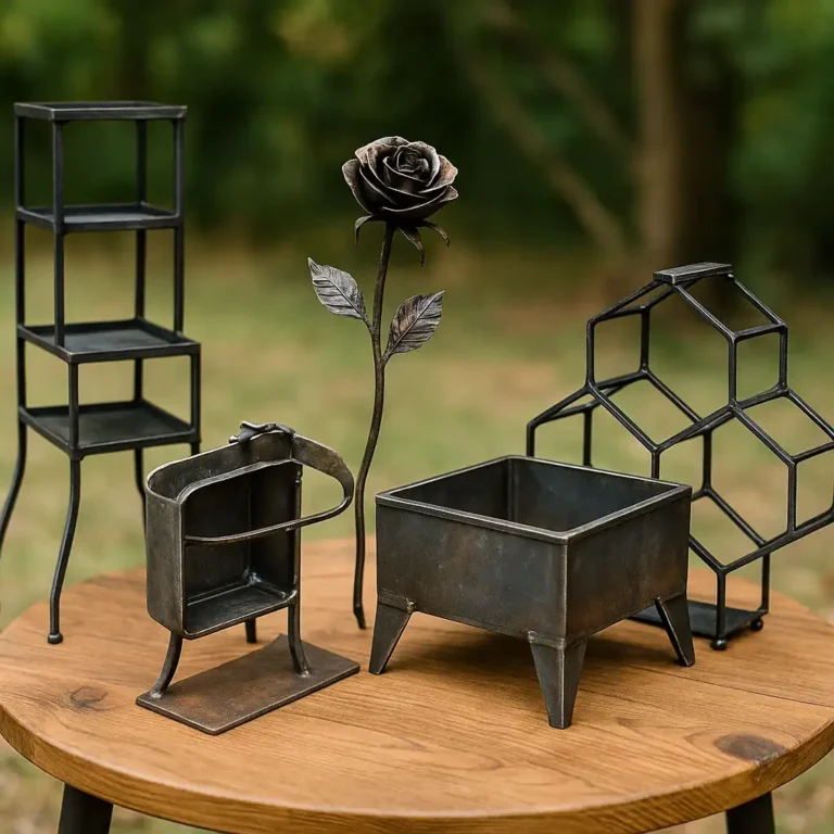 A photograph captures four handcrafted metal objects on a wooden table outdoors, including a metal rose sculpture, a geometric wine rack, a tiered plant stand, and a square fire pit, all made from welded steel.