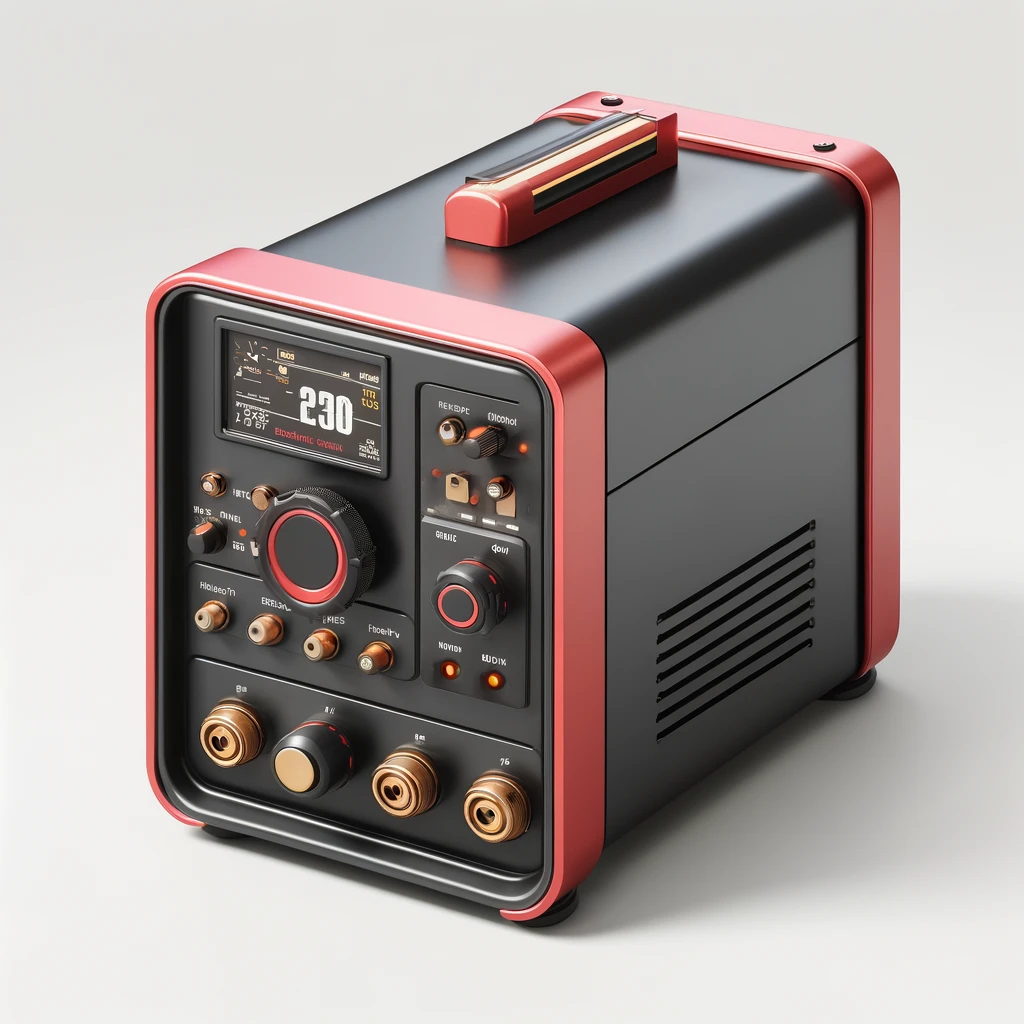 Modern black and red stick welder machine with digital display and brass connectors, showcasing welding technology advancements.