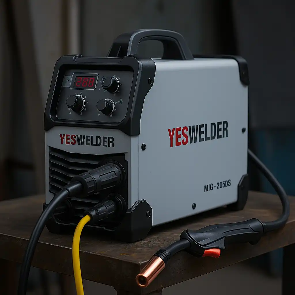 A digital photograph features a YesWelder MIG-205DS welding machine with dual voltage input, resting on a steel workbench in a workshop, surrounded by cables and industrial tools.