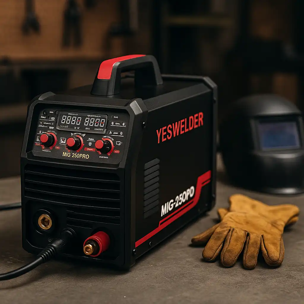 A YESWELDER MIG-250PRO welding machine with red accents on a workshop surface, shown with a welding helmet and leather gloves in the background.
