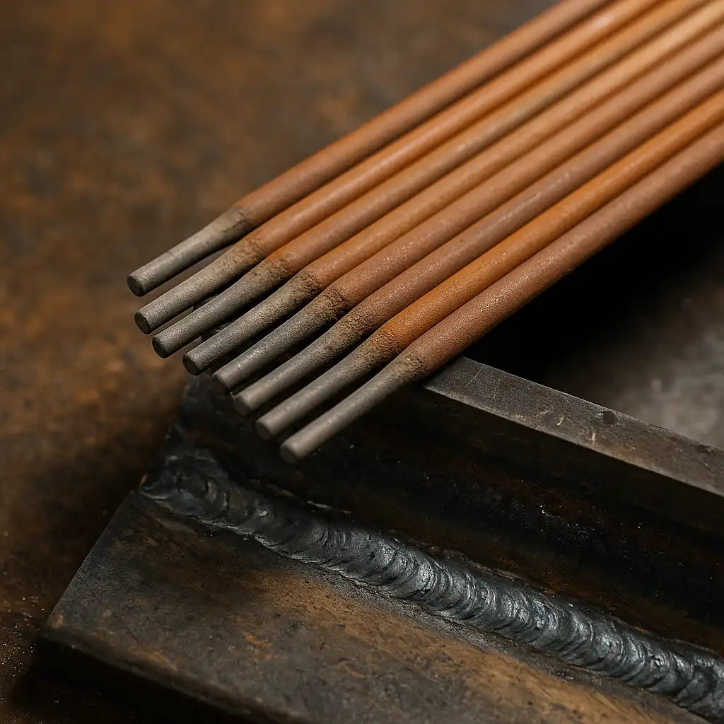 Close-up view of E7018 welding rods resting on mild steel with a clean weld bead, on a rusted workshop surface.