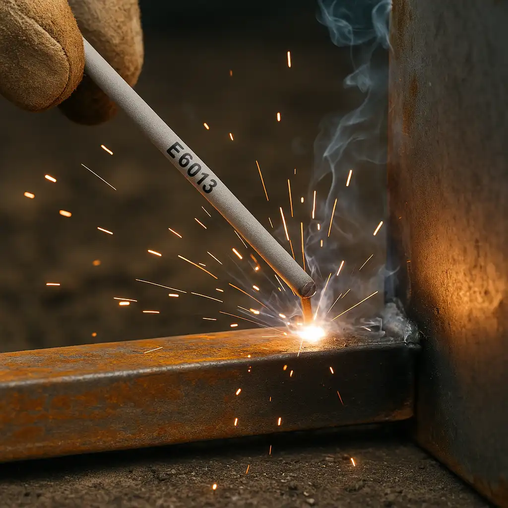 A welder uses an E6013 rod to join two thin steel pieces, with sparks flying and smoke rising during the arc welding process on a rusty workbench.