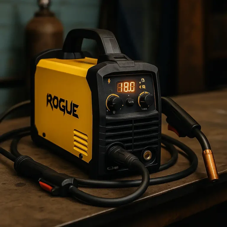 A high-resolution photograph showcases an ESAB Rogue EM 210 MIG welder on a metal workbench, with its MIG torch and cables coiled beside it in a dimly lit workshop.