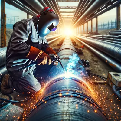 Pipeline welder at work in an industrial setting, showcasing the skill and dedication required for welding careers.