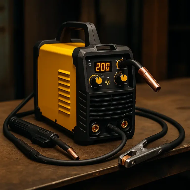 A photograph displays a professional-grade MIG welder with a digital interface and copper torch, placed on a steel workbench in a dimly lit workshop.