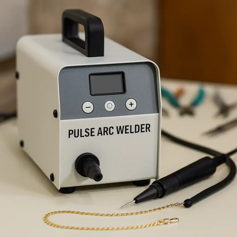 A photograph features a pulse arc welder designed for permanent jewelry, with a gold chain and welding pen on a clean studio work surface.