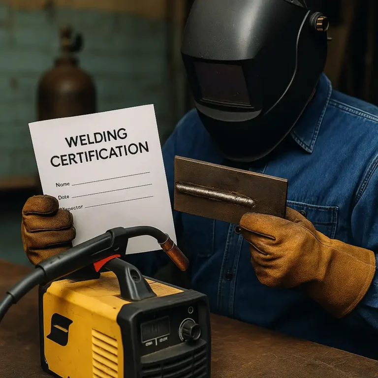 A photograph captures a close-up view of a welder in gloves and a helmet holding a welding certification and inspecting a metal weld bead in a workshop.