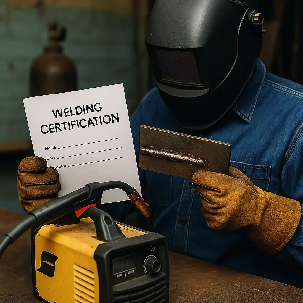 A photograph captures a close-up view of a welder in gloves and a helmet holding a welding certification and inspecting a metal weld bead in a workshop.