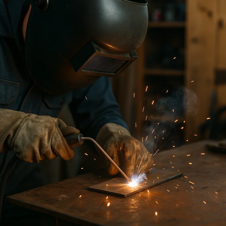 Close-up of a welder using a 6013 welding rod on thin metal in a home workshop, with bright welding arc, visible sparks, and protective gear.