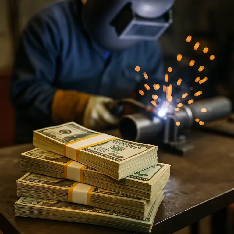 Stacks of U.S. currency on a workbench in front of a welder creating sparks while working on a metal pipe in a workshop.