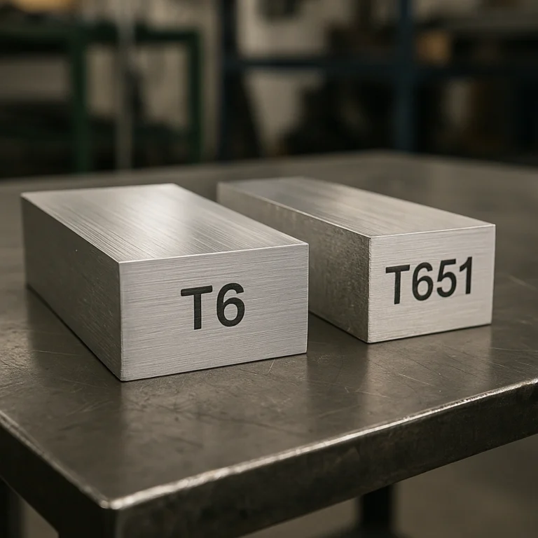 Close-up of two aluminum 6061 plates side by side, one labeled T6 and the other T651, with visible clean machined surfaces and slight differences in finish, resting on a metal workbench in a well-lit fabrication shop.