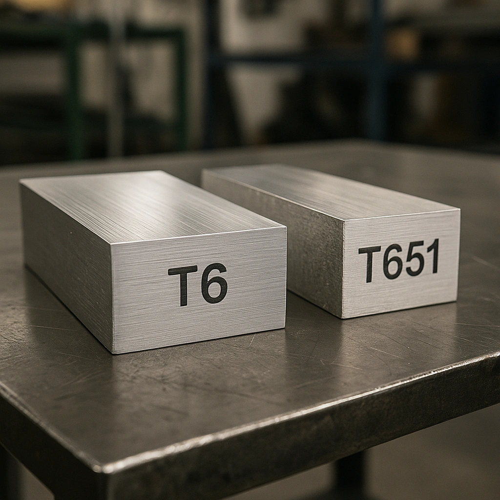 Close-up of two aluminum 6061 plates side by side, one labeled T6 and the other T651, with visible clean machined surfaces and slight differences in finish, resting on a metal workbench in a well-lit fabrication shop.