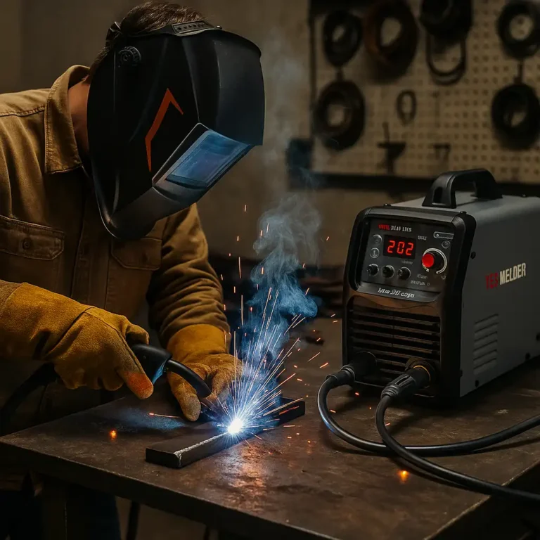 A welder using a YesWelder MIG-205DS in a garage workshop, producing bright sparks while joining two steel pieces on a metal table.