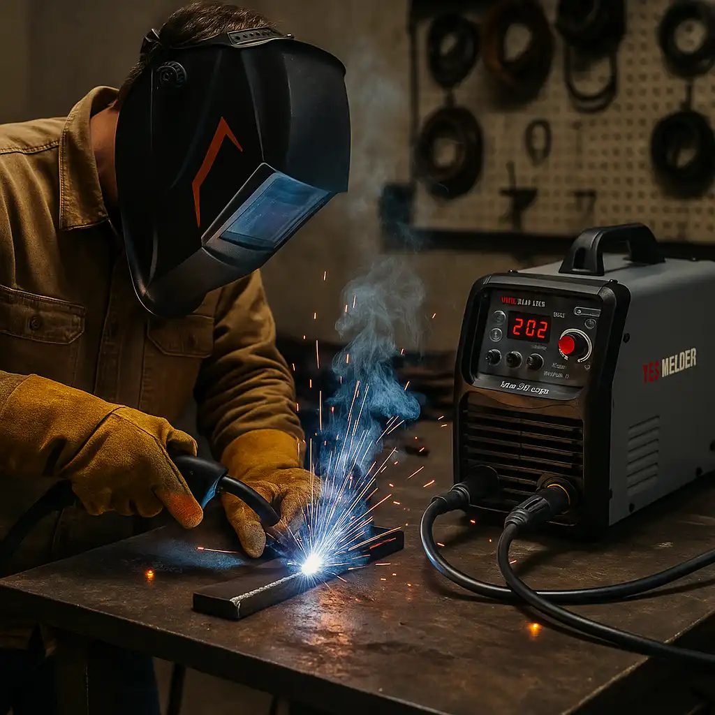 A welder using a YesWelder MIG-205DS in a garage workshop, producing bright sparks while joining two steel pieces on a metal table.