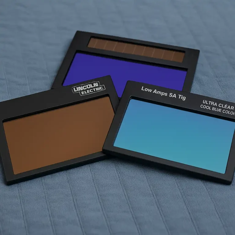Three 2x4 auto-darkening welding lenses displayed on a steel surface, each showing different tint shades and suitable for TIG welding.