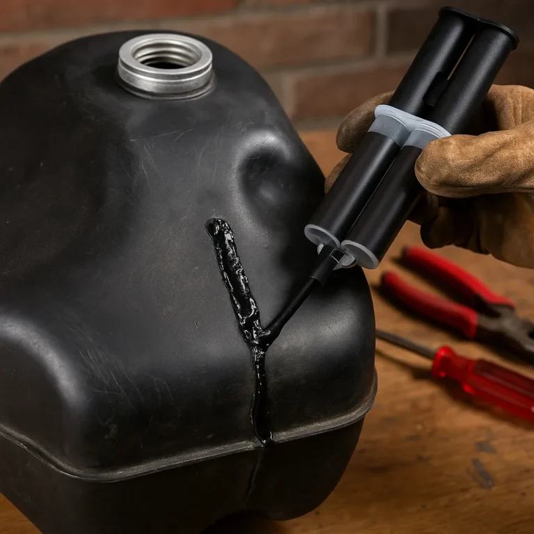 A black plastic fuel tank being repaired with black epoxy from a dual-chamber syringe, surrounded by tools on a wooden workbench.