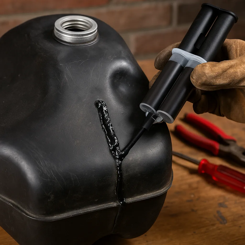 A black plastic fuel tank being repaired with black epoxy from a dual-chamber syringe, surrounded by tools on a wooden workbench.