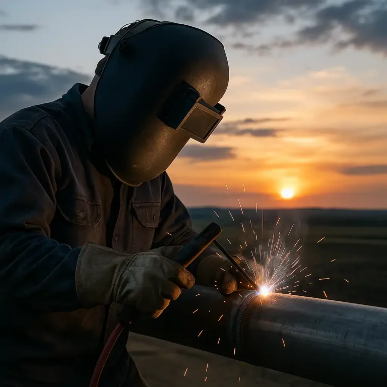 A welder in protective gear working on a pipeline at sunset, with sparks flying against a scenic rural backdrop.
