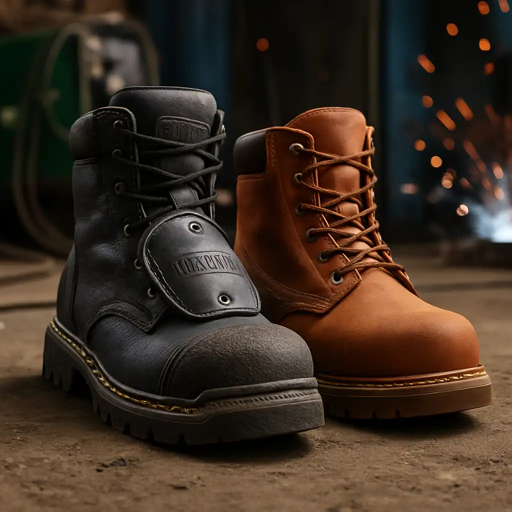 A photograph showcases a pair of heavy-duty work boots on a gritty workshop floor, with welding sparks in the blurred background.