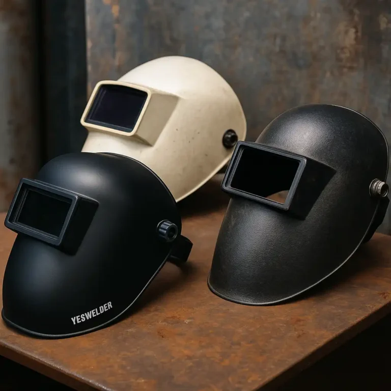 Three sugar scoop welding hoods on a rusted metal surface, featuring matte black, white, and textured finishes with flip-front lenses.