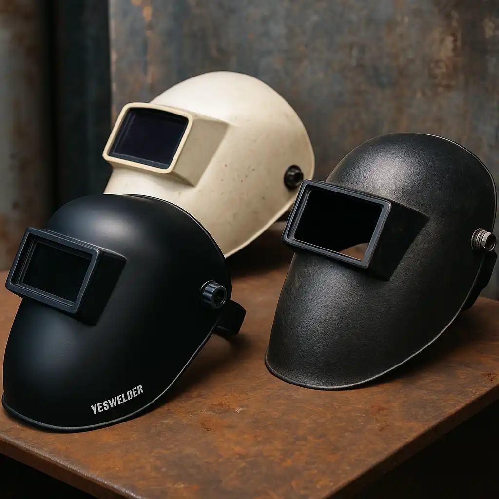 Three sugar scoop welding hoods on a rusted metal surface, featuring matte black, white, and textured finishes with flip-front lenses.