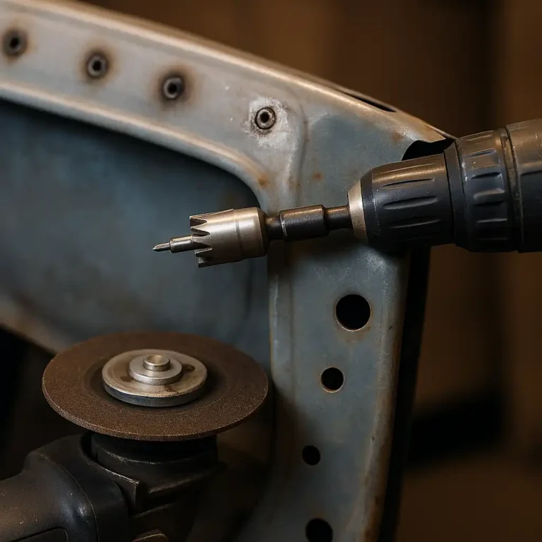 A photograph captures a close-up view of spot weld removal using a drill-mounted spot weld cutter and an angle grinder beside a car body panel.