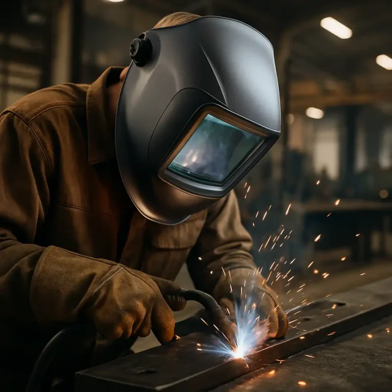 A welder at work in an industrial workshop, wearing a large-view auto-darkening welding helmet with visible sparks flying from the welding arc.