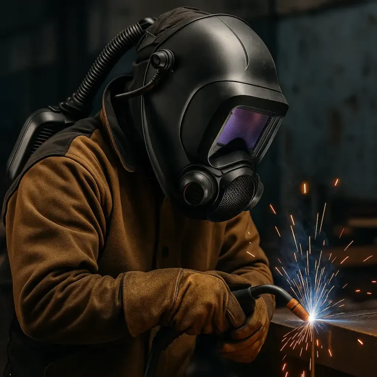 A welder in full protective gear wears a matte black helmet with an integrated air-purifying respirator, working with a MIG torch as sparks fly in a dim industrial workshop.