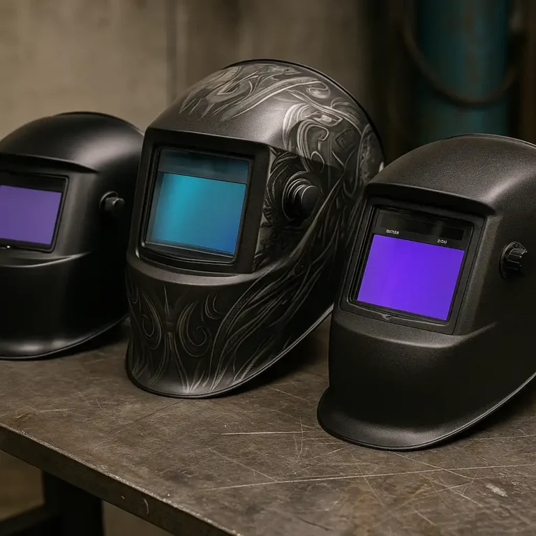 A photograph displays three welding helmets with auto-darkening lenses on a metal workbench, each with distinct lens colors and design styles.