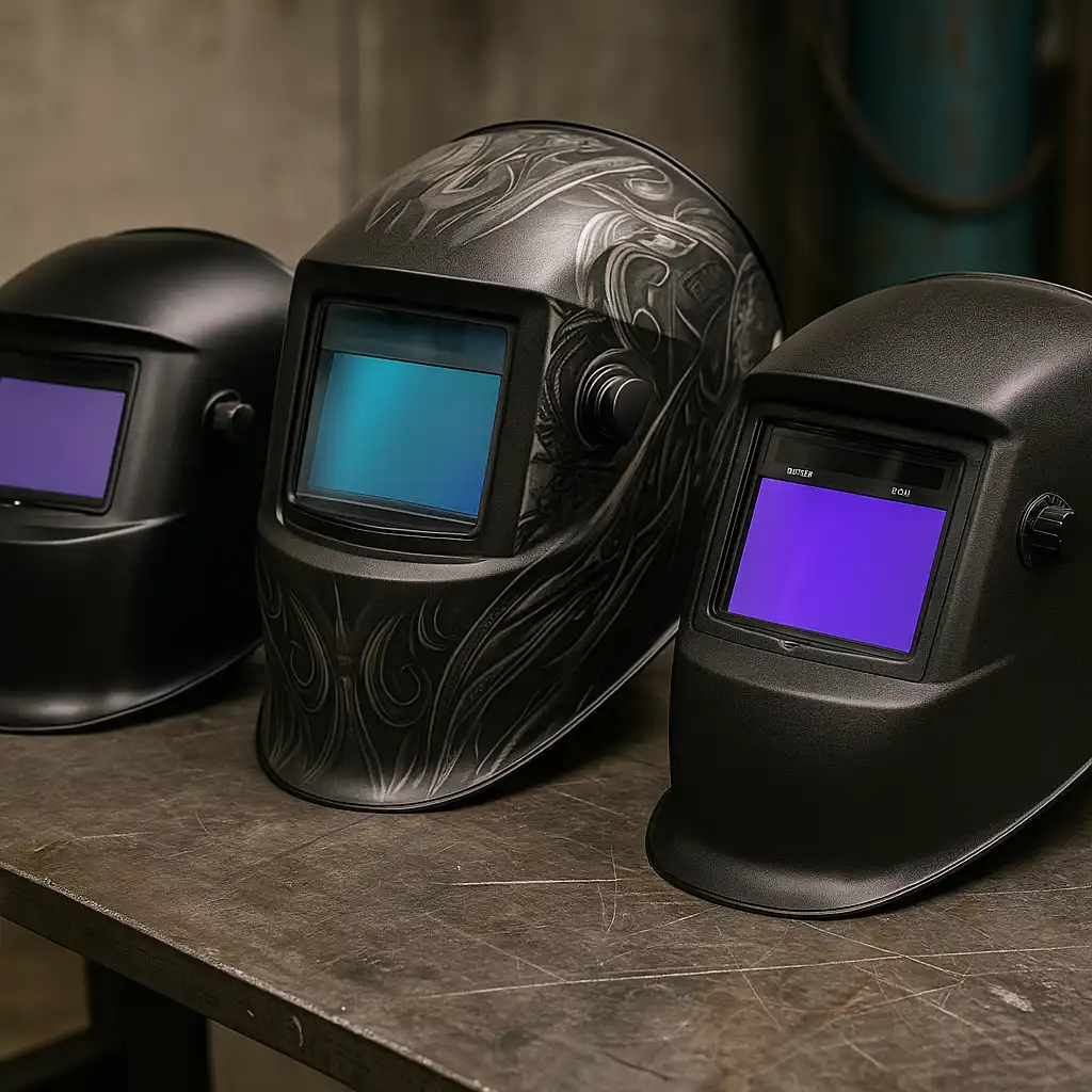 A photograph displays three welding helmets with auto-darkening lenses on a metal workbench, each with distinct lens colors and design styles.