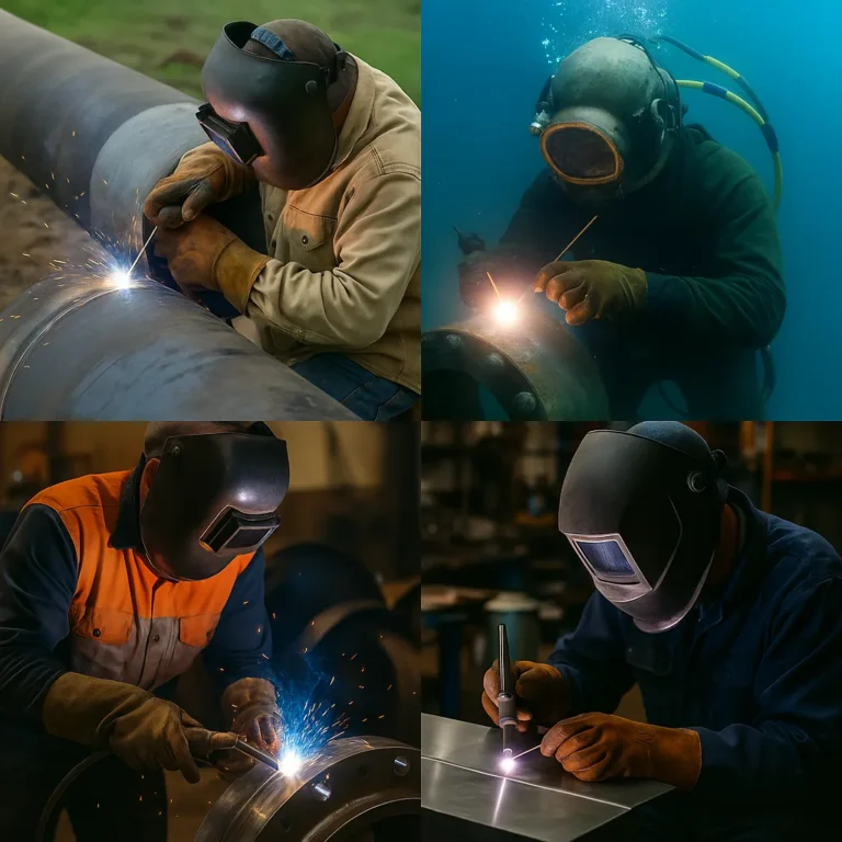A composite image showing four welders working in different settings: pipeline, underwater, industrial plant, and aerospace shop, each using distinct welding gear and techniques.