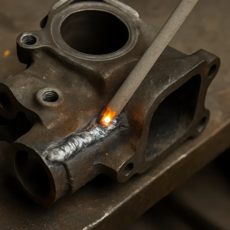 A detailed close-up of a welding rod fusing a cast iron engine component, with bright sparks and molten metal along the weld seam.