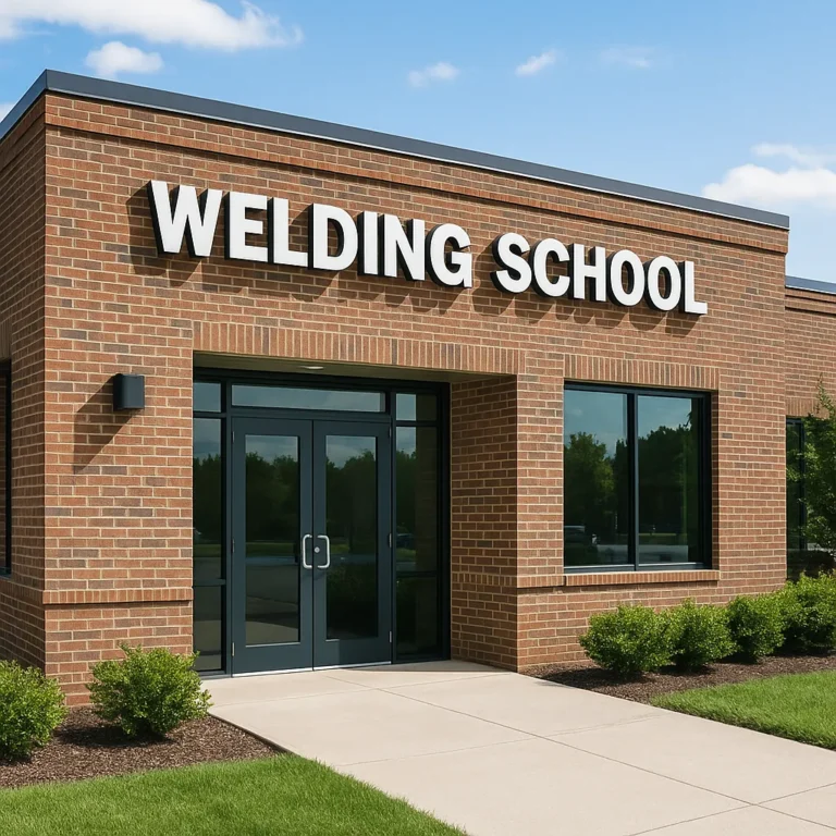 Exterior of a welding school building with red brick walls, clear signage, and manicured landscaping under a blue sky.