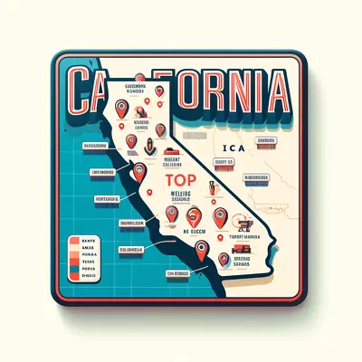Map of California showcasing top welding schools marked in colorful detail. Image for illustration purposes only.