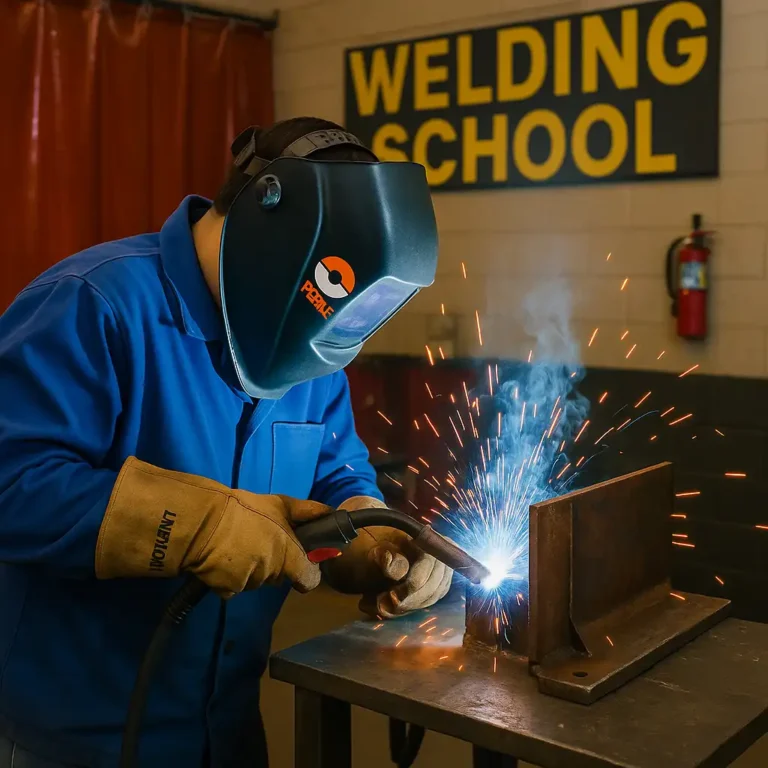 A welder in training inside a vocational classroom in Florida, surrounded by protective gear and welding equipment, with sparks flying from a practice weld.