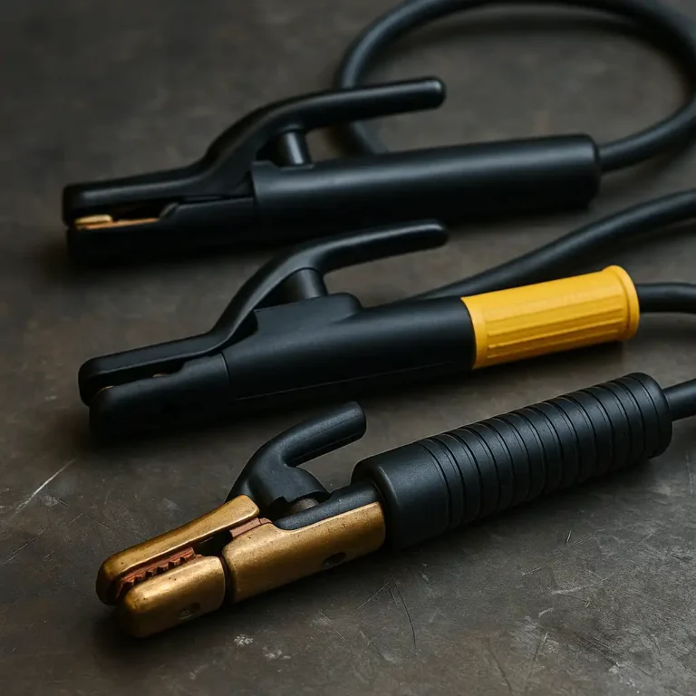 Three welding electrode holders displayed on a metal surface, featuring distinct handle designs and brass clamp tips.