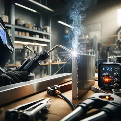 A professional TIG welding setup for aluminum using DC, featuring a TIG torch and visible electrical arcs in a workshop. Image for illustration purposes only.