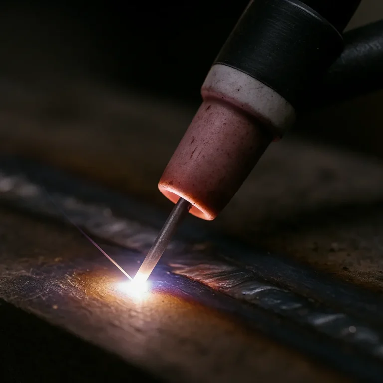 A close-up of a TIG welding torch with glowing tungsten electrode and ceramic gas cup, creating a bright arc over a molten weld puddle on metal.