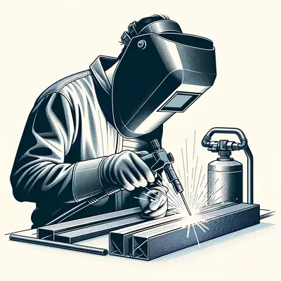 Welder using a TIG setup without visible gas tanks, focusing on a metal workpiece, with sparks visible. Image for illustration purposes only.