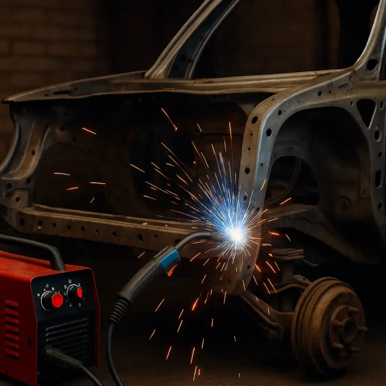 A MIG welding torch positioned beside a partially exposed car frame, with bright sparks flying as metal is welded in a garage setting—no person visible.