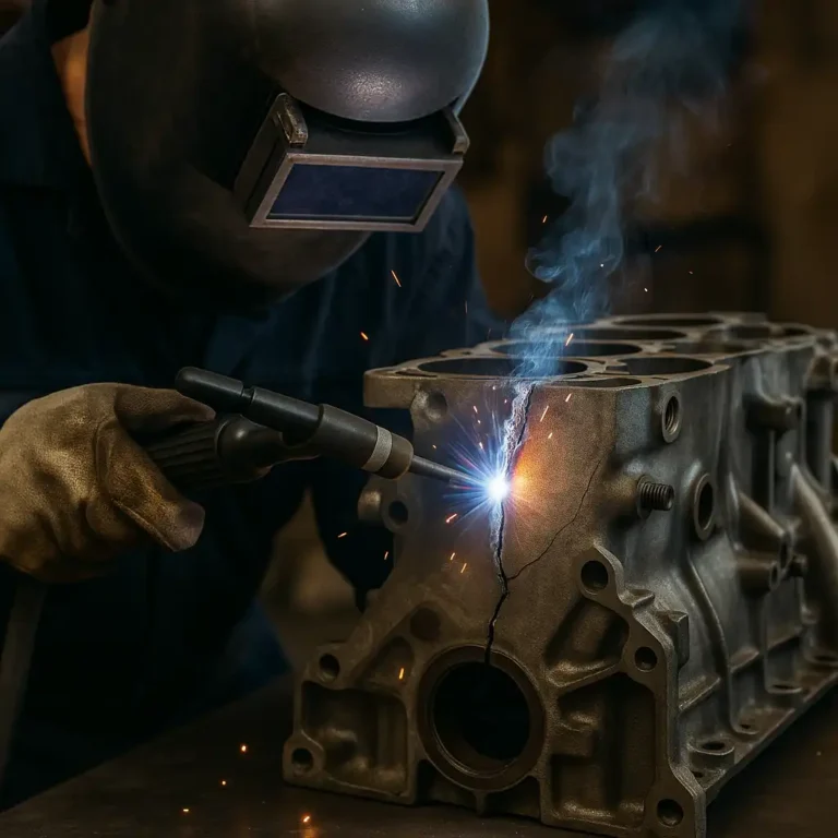 A welder in full protective gear repairs a cracked engine block with a TIG torch, as sparks and blue smoke rise from the glowing weld seam in a workshop setting.