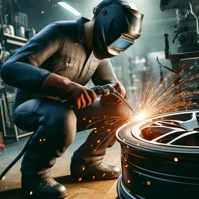 Realistic illustration of a worker in protective gear expertly welding a car rim, with sparks visible in a workshop setting. Image for illustration purposes only.
