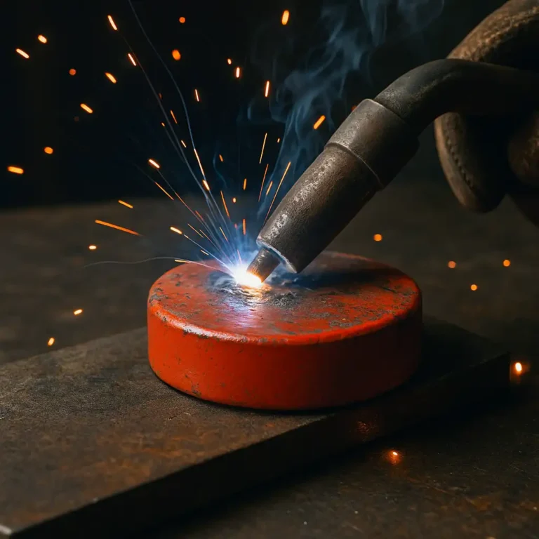 A welder’s torch emits bright sparks and blue light as it welds a worn red magnet to a rusted metal surface in a dimly lit industrial workshop.