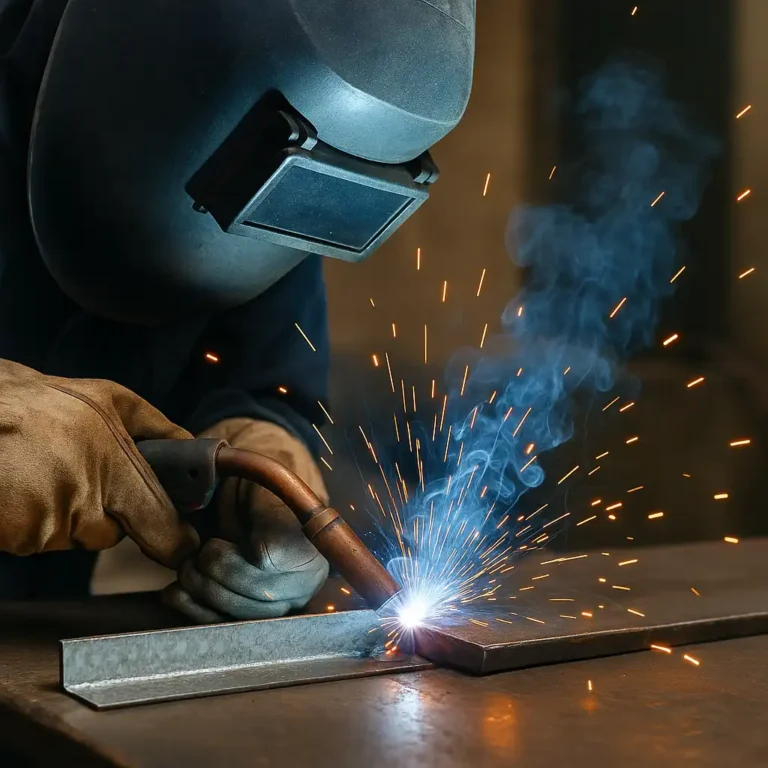 A welder fusing galvanized metal to steel in a dimly lit workshop, with bright sparks flying as the arc torch creates a strong joint between the two materials.