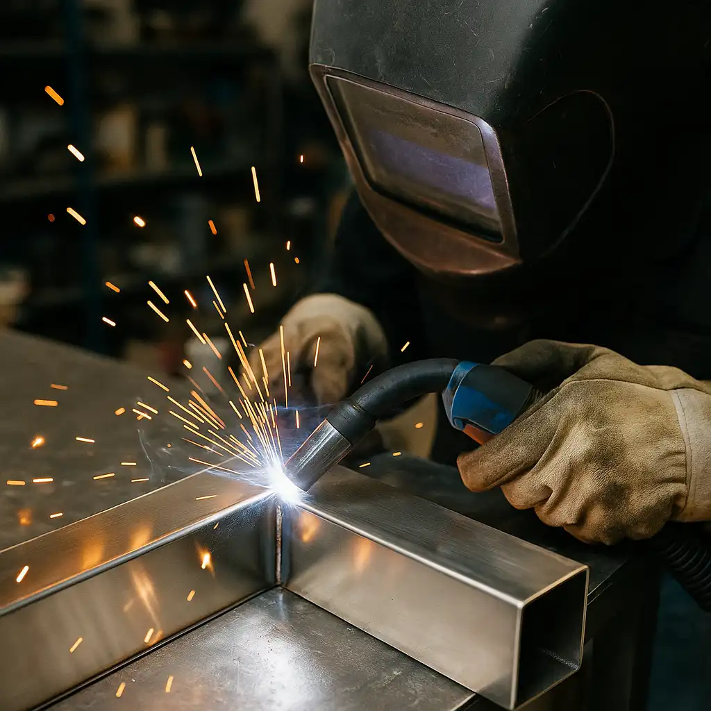 A welder joining two stainless steel square tubes with a MIG torch, sparks flying as the arc ignites at a clean right-angle seam.